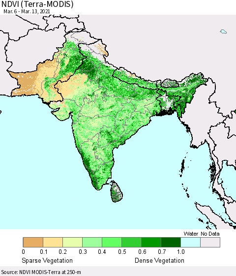 Southern Asia NDVI (Terra-MODIS) Thematic Map For 3/6/2021 - 3/13/2021