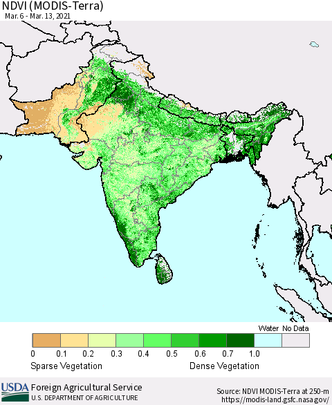 Southern Asia NDVI (MODIS-Terra) Thematic Map For 3/11/2021 - 3/20/2021