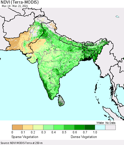 Southern Asia NDVI (Terra-MODIS) Thematic Map For 3/14/2021 - 3/21/2021