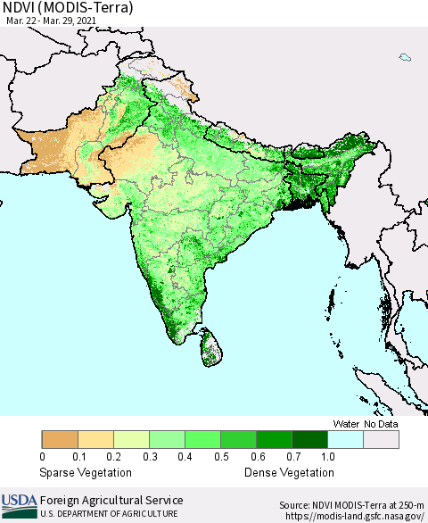 Southern Asia NDVI (Terra-MODIS) Thematic Map For 3/21/2021 - 3/31/2021