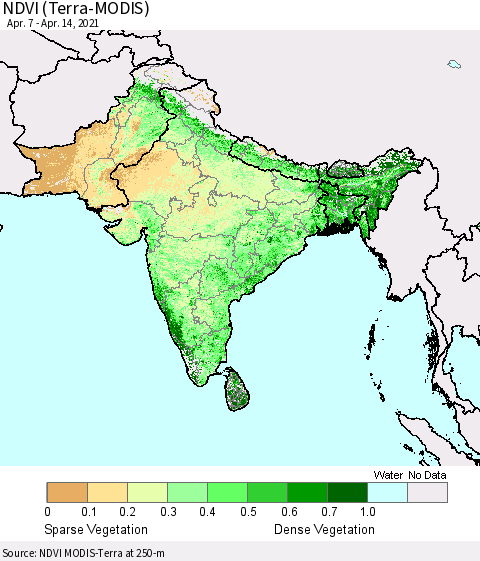 Southern Asia NDVI (Terra-MODIS) Thematic Map For 4/7/2021 - 4/14/2021