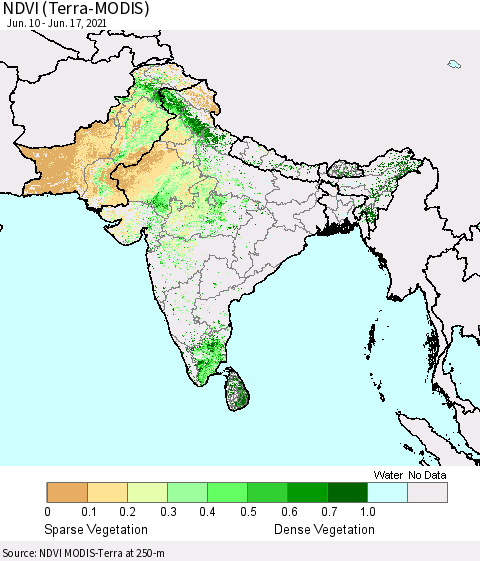 Southern Asia NDVI (Terra-MODIS) Thematic Map For 6/10/2021 - 6/17/2021
