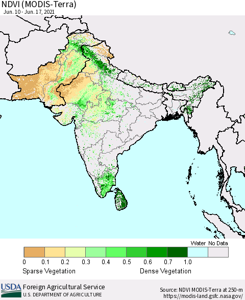 Southern Asia NDVI (Terra-MODIS) Thematic Map For 6/11/2021 - 6/20/2021
