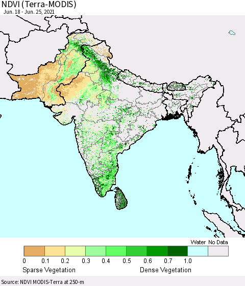 Southern Asia NDVI (Terra-MODIS) Thematic Map For 6/18/2021 - 6/25/2021