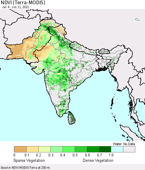 Southern Asia NDVI (Terra-MODIS) Thematic Map For 7/4/2021 - 7/11/2021
