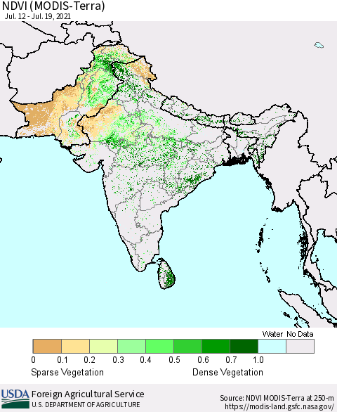 Southern Asia NDVI (Terra-MODIS) Thematic Map For 7/11/2021 - 7/20/2021