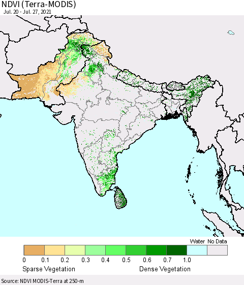 Southern Asia NDVI (Terra-MODIS) Thematic Map For 7/20/2021 - 7/27/2021