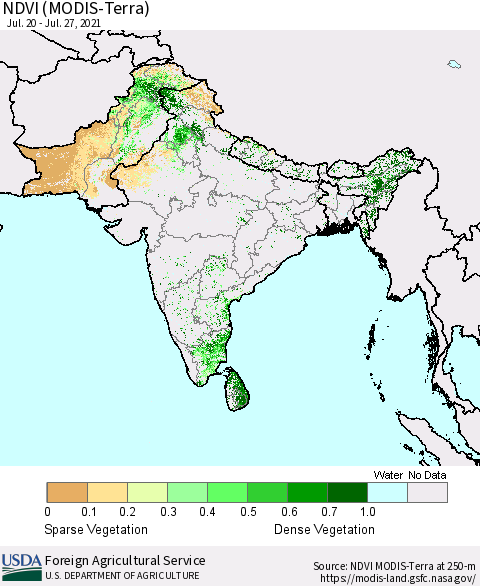 Southern Asia NDVI (Terra-MODIS) Thematic Map For 7/21/2021 - 7/31/2021