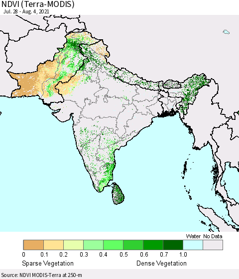 Southern Asia NDVI (Terra-MODIS) Thematic Map For 7/28/2021 - 8/4/2021
