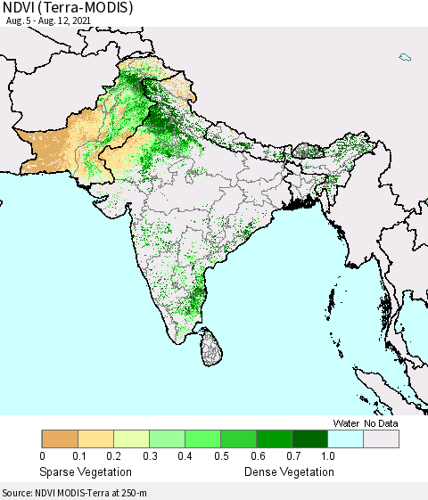 Southern Asia NDVI (Terra-MODIS) Thematic Map For 8/5/2021 - 8/12/2021