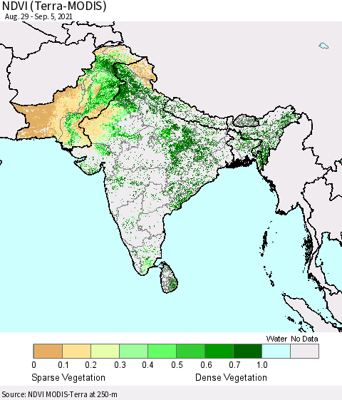 Southern Asia NDVI (Terra-MODIS) Thematic Map For 8/29/2021 - 9/5/2021