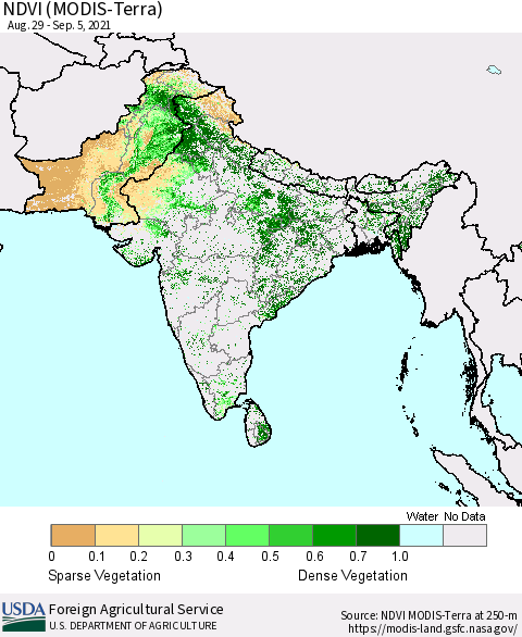 Southern Asia NDVI (Terra-MODIS) Thematic Map For 9/1/2021 - 9/10/2021