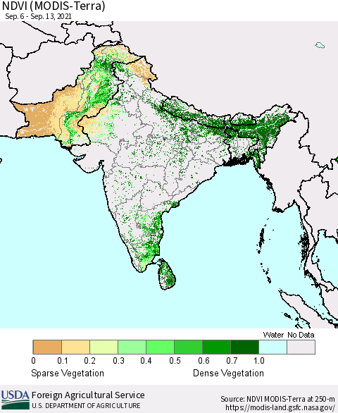 Southern Asia NDVI (Terra-MODIS) Thematic Map For 9/11/2021 - 9/20/2021
