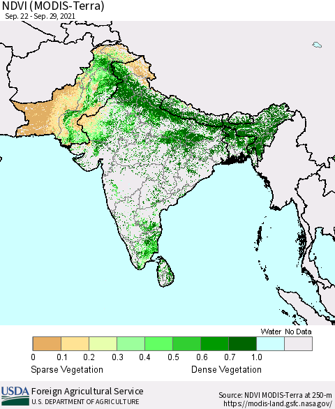 Southern Asia NDVI (Terra-MODIS) Thematic Map For 9/21/2021 - 9/30/2021