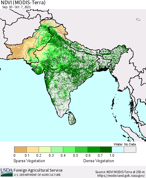 Southern Asia NDVI (MODIS-Terra) Thematic Map For 10/1/2021 - 10/10/2021