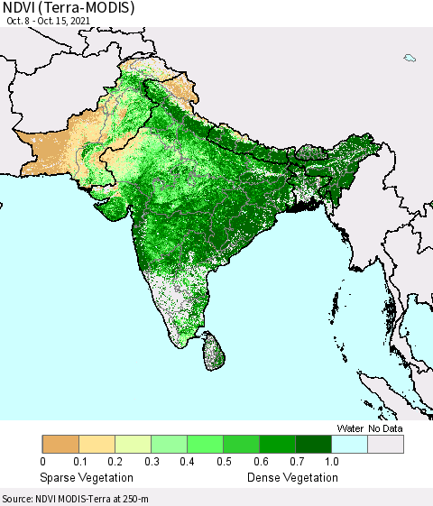 Southern Asia NDVI (Terra-MODIS) Thematic Map For 10/8/2021 - 10/15/2021