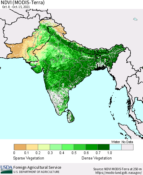 Southern Asia NDVI (Terra-MODIS) Thematic Map For 10/11/2021 - 10/20/2021