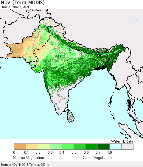 Southern Asia NDVI (Terra-MODIS) Thematic Map For 11/1/2021 - 11/8/2021