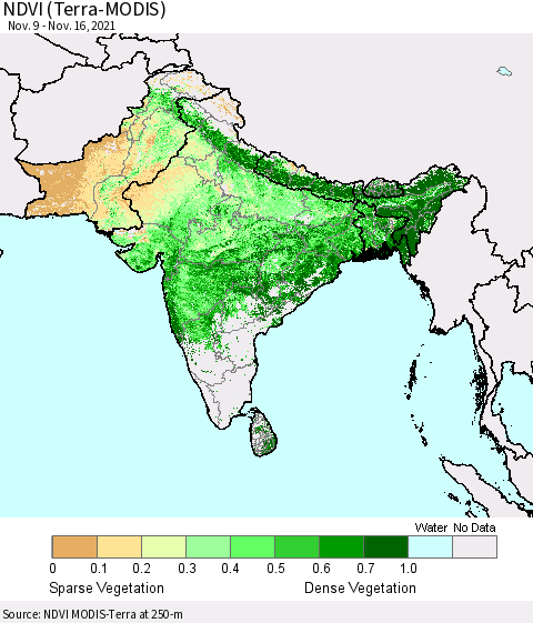 Southern Asia NDVI (Terra-MODIS) Thematic Map For 11/9/2021 - 11/16/2021