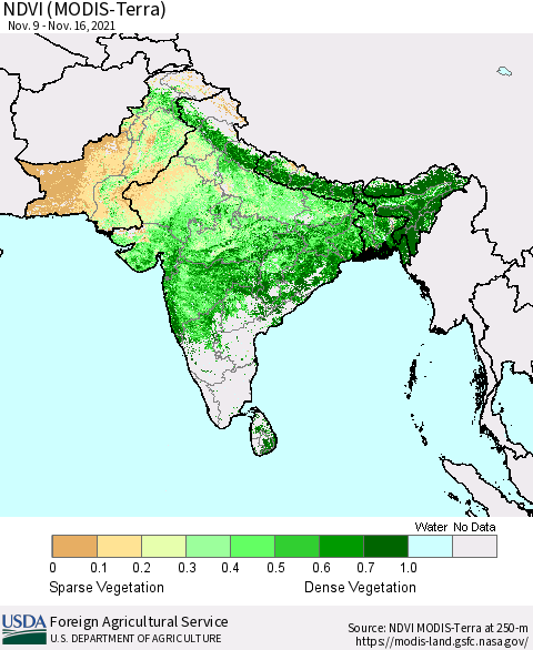 Southern Asia NDVI (Terra-MODIS) Thematic Map For 11/11/2021 - 11/20/2021