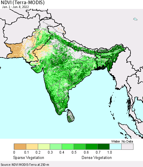 Southern Asia NDVI (Terra-MODIS) Thematic Map For 1/1/2022 - 1/8/2022