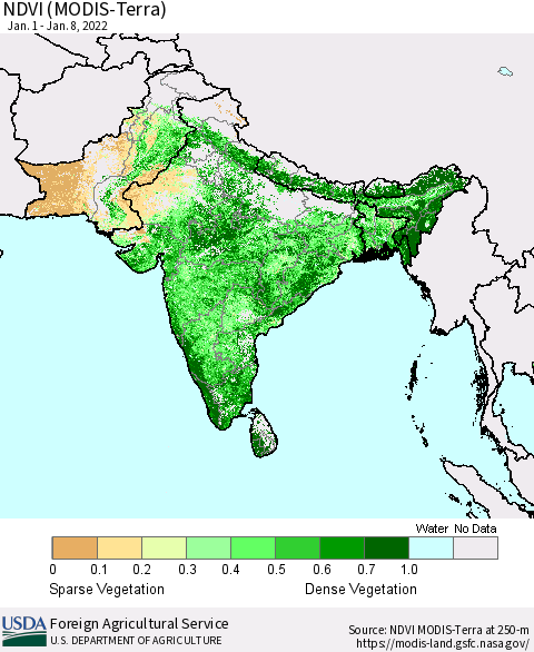 Southern Asia NDVI (Terra-MODIS) Thematic Map For 1/1/2022 - 1/10/2022