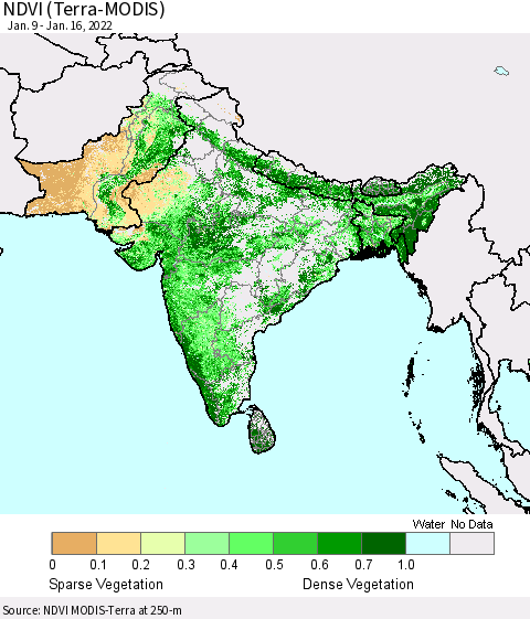 Southern Asia NDVI (Terra-MODIS) Thematic Map For 1/9/2022 - 1/16/2022