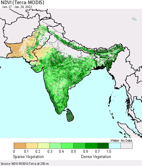 Southern Asia NDVI (Terra-MODIS) Thematic Map For 1/17/2022 - 1/24/2022
