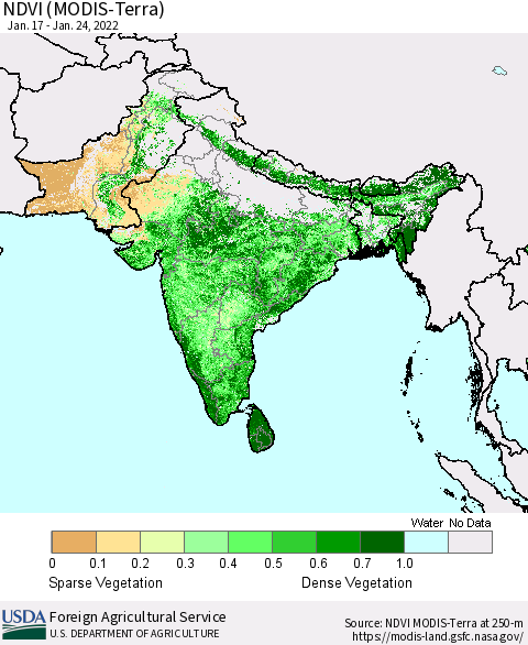 Southern Asia NDVI (Terra-MODIS) Thematic Map For 1/21/2022 - 1/31/2022