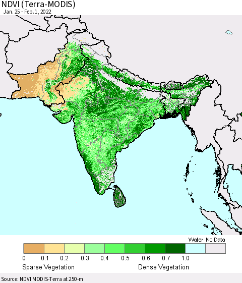 Southern Asia NDVI (Terra-MODIS) Thematic Map For 1/25/2022 - 2/1/2022