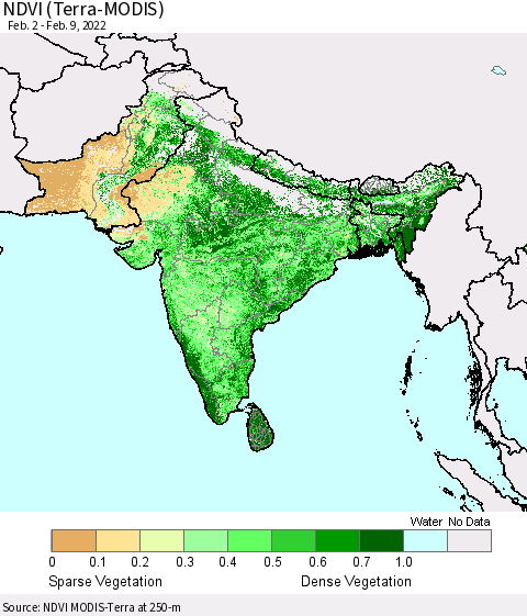 Southern Asia NDVI (Terra-MODIS) Thematic Map For 2/2/2022 - 2/9/2022