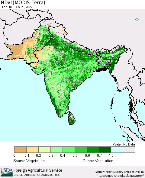 Southern Asia NDVI (MODIS-Terra) Thematic Map For 2/21/2022 - 2/28/2022