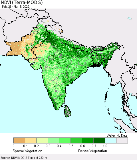 Southern Asia NDVI (Terra-MODIS) Thematic Map For 2/26/2022 - 3/5/2022