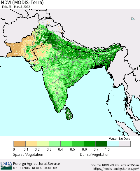 Southern Asia NDVI (Terra-MODIS) Thematic Map For 3/1/2022 - 3/10/2022