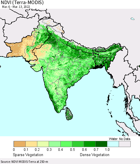 Southern Asia NDVI (Terra-MODIS) Thematic Map For 3/6/2022 - 3/13/2022