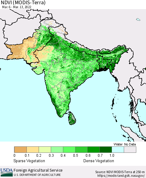 Southern Asia NDVI (Terra-MODIS) Thematic Map For 3/11/2022 - 3/20/2022