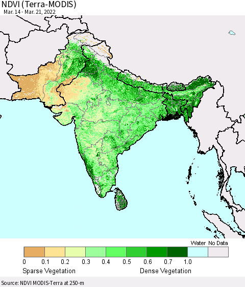 Southern Asia NDVI (Terra-MODIS) Thematic Map For 3/14/2022 - 3/21/2022