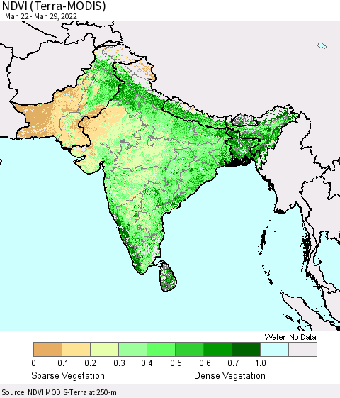 Southern Asia NDVI (Terra-MODIS) Thematic Map For 3/22/2022 - 3/29/2022