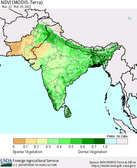 Southern Asia NDVI (Terra-MODIS) Thematic Map For 3/21/2022 - 3/31/2022