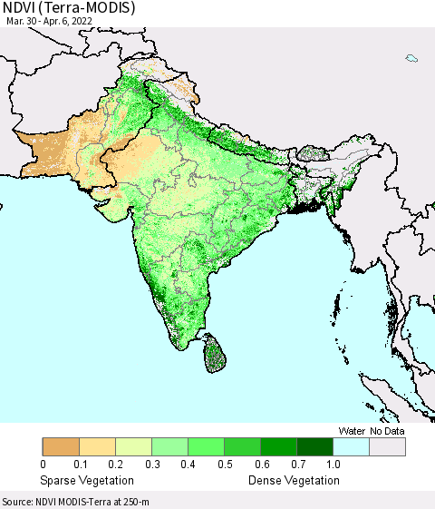 Southern Asia NDVI (Terra-MODIS) Thematic Map For 3/30/2022 - 4/6/2022