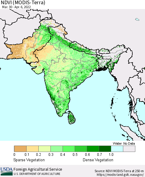 Southern Asia NDVI (Terra-MODIS) Thematic Map For 4/1/2022 - 4/10/2022