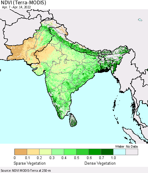 Southern Asia NDVI (Terra-MODIS) Thematic Map For 4/7/2022 - 4/14/2022