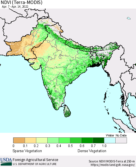 Southern Asia NDVI (MODIS-Terra) Thematic Map For 4/11/2022 - 4/20/2022