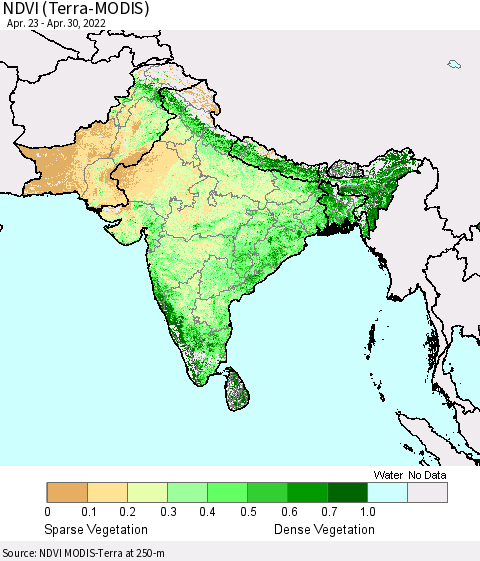 Southern Asia NDVI (Terra-MODIS) Thematic Map For 4/21/2022 - 4/30/2022