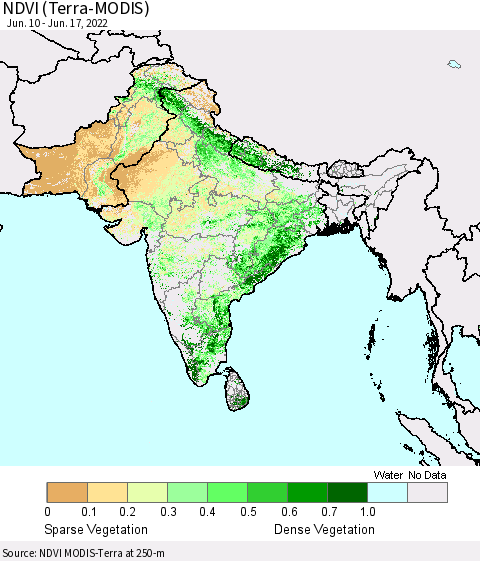 Southern Asia NDVI (Terra-MODIS) Thematic Map For 6/10/2022 - 6/17/2022