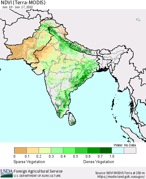 Southern Asia NDVI (Terra-MODIS) Thematic Map For 6/11/2022 - 6/20/2022