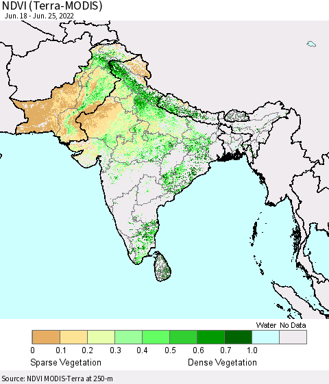 Southern Asia NDVI (Terra-MODIS) Thematic Map For 6/18/2022 - 6/25/2022