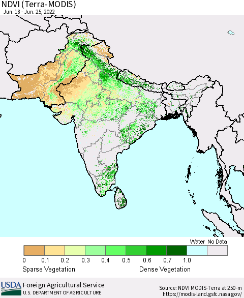 Southern Asia NDVI (Terra-MODIS) Thematic Map For 6/21/2022 - 6/30/2022