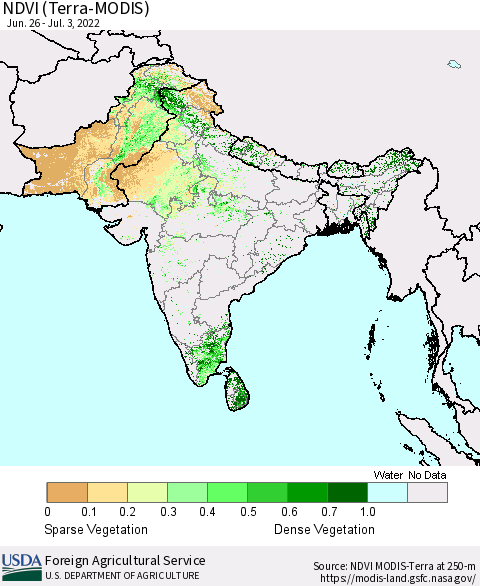 Southern Asia NDVI (Terra-MODIS) Thematic Map For 7/1/2022 - 7/10/2022