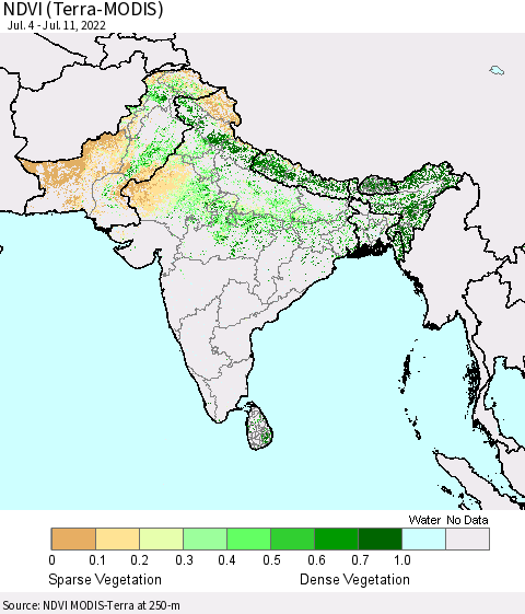 Southern Asia NDVI (Terra-MODIS) Thematic Map For 7/4/2022 - 7/11/2022